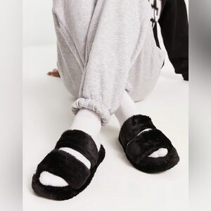 ASOS Zion Double Strap Black Fuzzy Slider Slippers